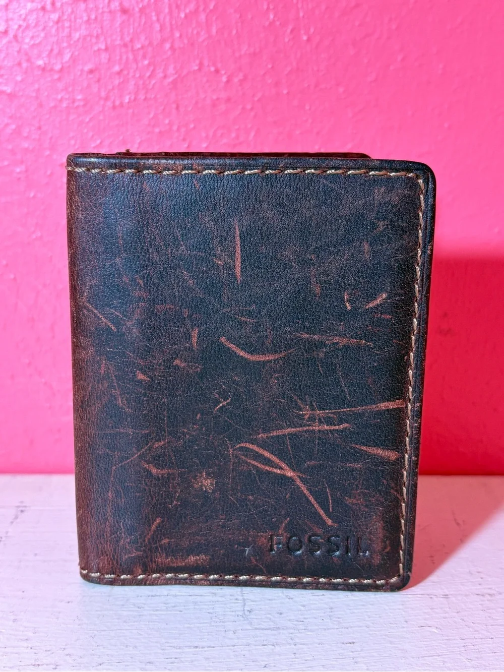 Men's Fossil Dark Brown Leather Bifold Card Holder Vintage Retro Everyday Casual
